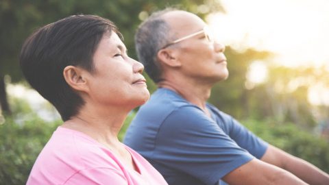 Elderly couple breathe peacefully, eyes closed in a park