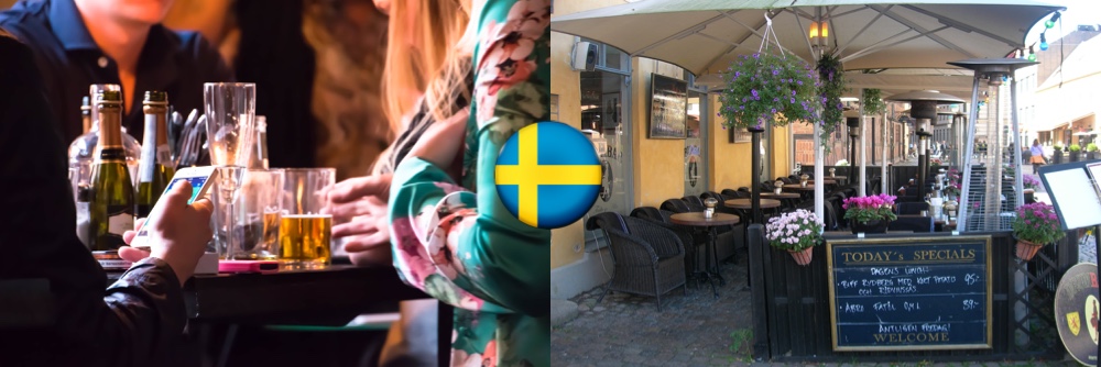Two separate images: an empty pub terrace and a full table of drinking Swedes